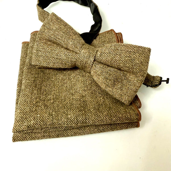READY MADE: One Bow Tie & TWO Pocket Squares Set: CLASSIC Brown