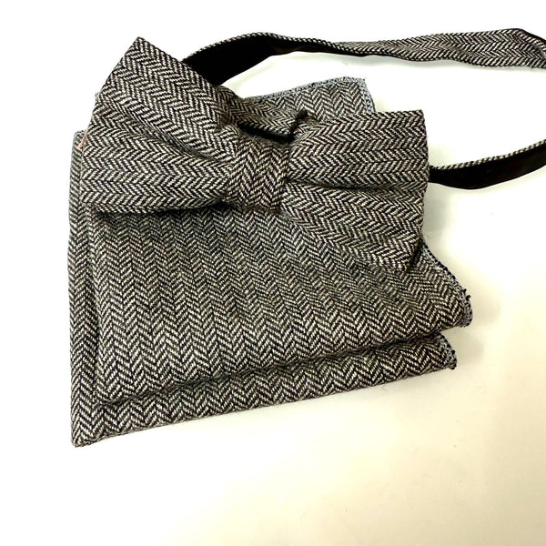 READY MADE: One Bow Tie & TWO Pocket Squares Set: CHARCOAL GREY Herringbone