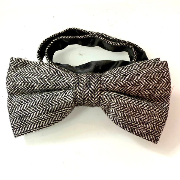 READY MADE: One Bow Tie & TWO Pocket Squares Set: CHARCOAL GREY Herringbone