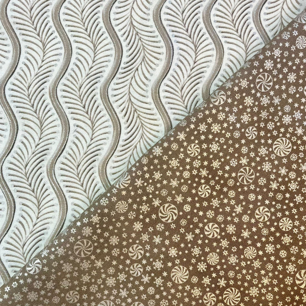 HALF METRE DUO: Robert Kaufman | Holiday Flourish Peppermint Twist 'Wavy Stripe' SRKM-22950-303 BLANC + 'Snowflakes' SRKM-22953-160 TAUPE
