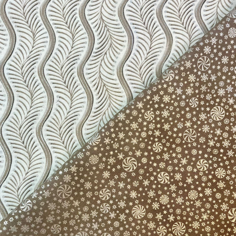 HALF METRE DUO: Robert Kaufman | Holiday Flourish Peppermint Twist 'Wavy Stripe' SRKM-22950-303 BLANC + 'Snowflakes' SRKM-22953-160 TAUPE
