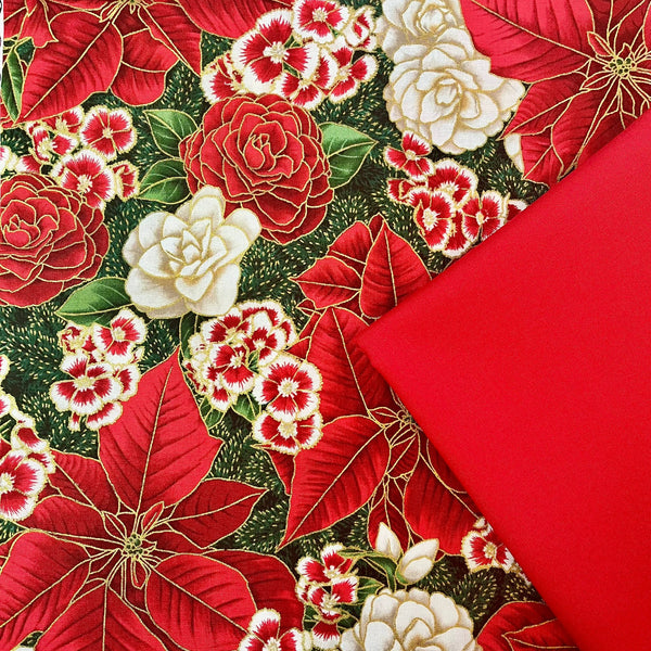 Premium HMH: Robert Kaufman | Holiday Flourish Peppermint Twist 'Large Floral' SRKM-22946-274 PINE with Scarlet