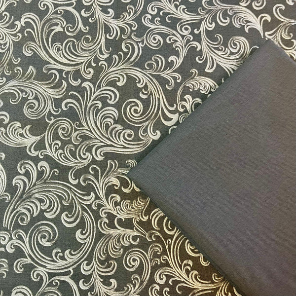 Premium HMH: Robert Kaufman | Holiday Flourish Peppermint Twist 'Scroll' SRKM-22949-305 GRAPHITE with Dark Grey