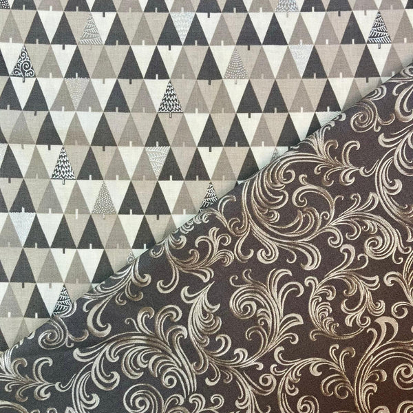 HALF METRE DUO: Robert Kaufman | Holiday Flourish Peppermint Twist 'Scroll' SRKM-22949-442 SUEDE + 'Stylised Trees' SRKM-22951-160 TAUPE