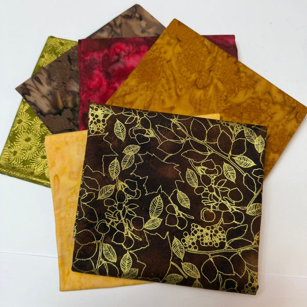 AUTUMN BUNDLE: 6 x Fat Quarters: Robert Kaufman, Leesa Chandler and Smoke Batiks, perfect for Scrappy Leaves