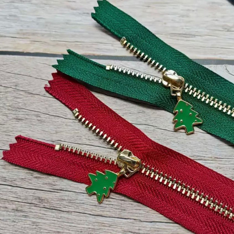 ZIP DUO: Pair of Festive 25cm Closed End Zippers with Silver Colour Teeth and Novelty CHRISTMAS TREE Pulls