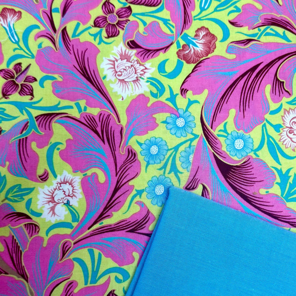 Half Metre Heaven: Kaffe Fassett x Morris & Co 'Leicester' PWKW011 Fuchsia with Turquoise Chambray