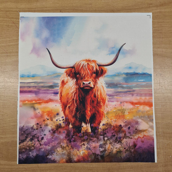 PRECUT PANEL: Waterproof Canvas TOTE BAG Panel: Approx 40cm x 45cm: Watercolour Landscape with Highland Cow