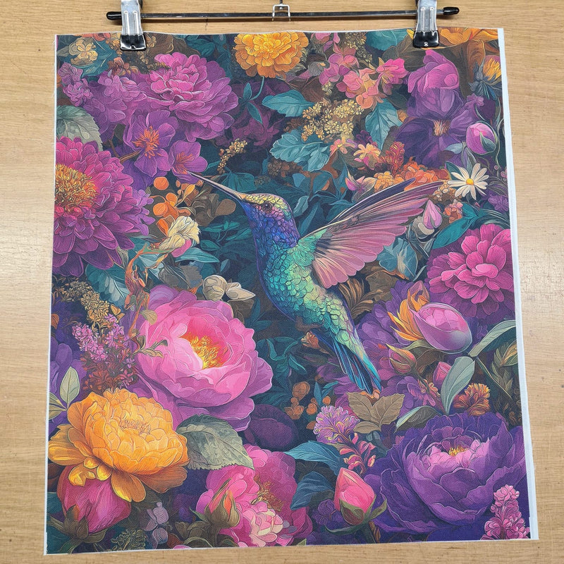 PRECUT PANEL: Waterproof Canvas TOTE BAG Panel: Approx 40cm x 45cm: Floral Hummingbird