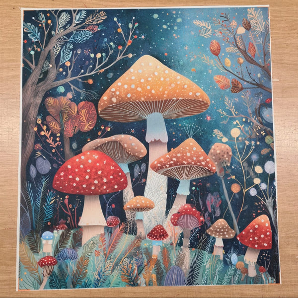 PRECUT PANEL: Waterproof Canvas TOTE BAG Panel: Approx 40cm x 45cm: Mushrooms / Toadstools by Night