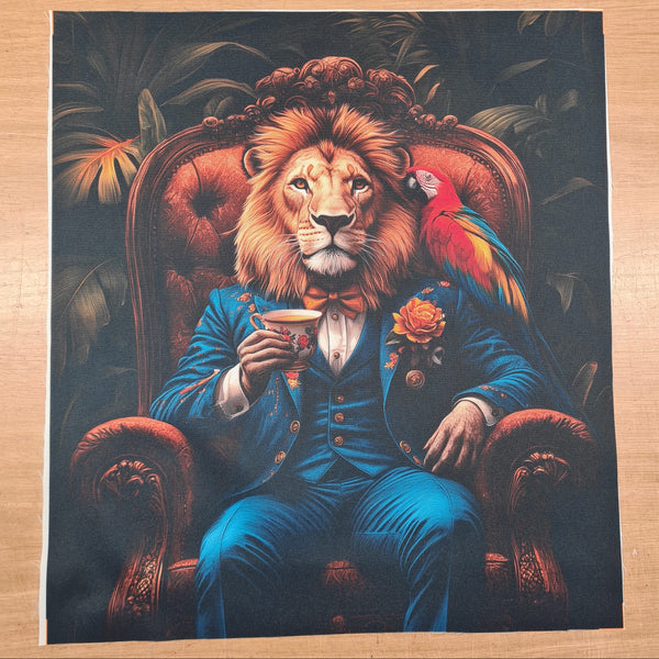 PRECUT PANEL: Waterproof Canvas TOTE BAG Panel: Approx 40cm x 45cm: Gentleman Lion Drinking Tea