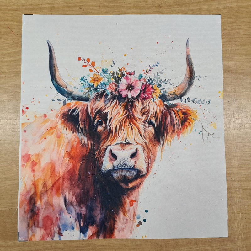 PRECUT PANEL: Waterproof Canvas TOTE BAG Panel: Approx 40cm x 45cm: Spring Highland Cow