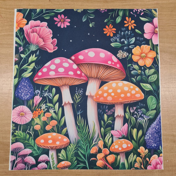 PRECUT PANEL: Waterproof Canvas TOTE BAG Panel: Approx 40cm x 45cm: Floral Mushrooms