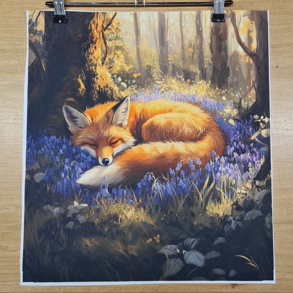 PRECUT PANEL: Waterproof Canvas TOTE BAG Panel: Approx 40cm x 45cm: Sleeping Fox on Bluebells