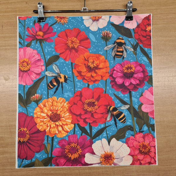 PRECUT PANEL: Waterproof Canvas TOTE BAG Panel: Approx 40cm x 45cm: Summer Bees on Flowers