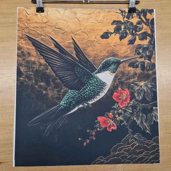PRECUT PANEL: Waterproof Canvas TOTE BAG Panel: Approx 40cm x 45cm: Gold Hummingbird
