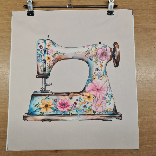 PRECUT PANEL: Waterproof Canvas TOTE BAG Panel: Approx 40cm x 45cm: Floral Sewing Machine