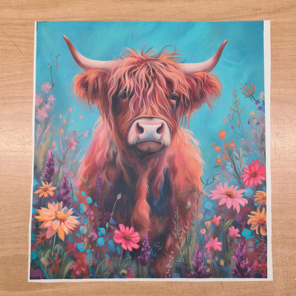 PRECUT PANEL: Waterproof Canvas TOTE BAG Panel: Approx 40cm x 45cm: Nellie the Highland Cow (Blue Background)
