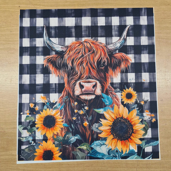 PRECUT PANEL: Waterproof Canvas TOTE BAG Panel: Approx 40cm x 45cm: Highland Cow with Sunflowers