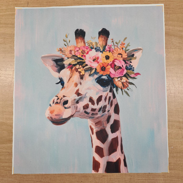 PRECUT PANEL: Waterproof Canvas TOTE BAG Panel: Approx 40cm x 45cm: Floral Crowned Giraffe