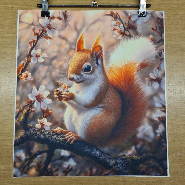 PRECUT PANEL: Waterproof Canvas TOTE BAG Panel: Approx 40cm x 45cm: Spring Squirrel