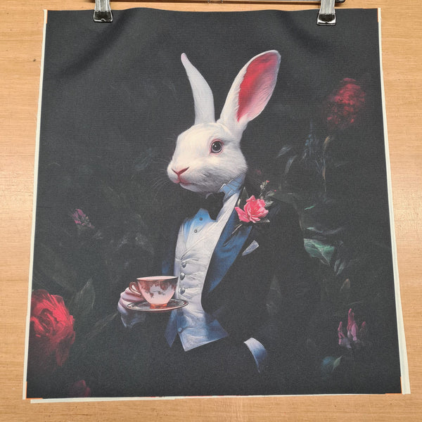 PRECUT PANEL: Waterproof Canvas TOTE BAG Panel: Approx 40cm x 45cm: Gentleman White Rabbit Drinking Tea