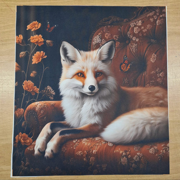 PRECUT PANEL: Waterproof Canvas TOTE BAG Panel: Approx 40cm x 45cm: Fox on Sofa