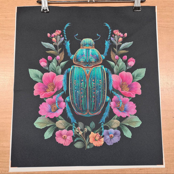PRECUT PANEL: Waterproof Canvas TOTE BAG Panel: Approx 40cm x 45cm: Beetle with Blooms