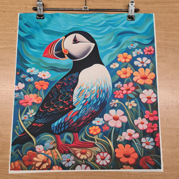 PRECUT PANEL: Waterproof Canvas TOTE BAG Panel: Approx 40cm x 45cm: Puffin and Flowers