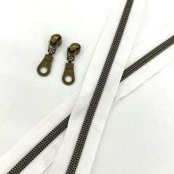 ZIP BUNDLE: 1 METRE Size 5 WHITE Zipper Tape with Antique Brass Teeth + 2 Antique Brass Circle Cutout Pulls