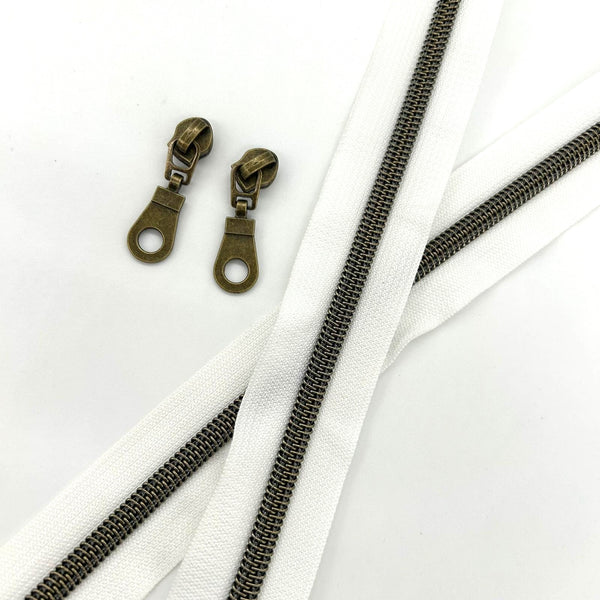 ZIP BUNDLE: 1 METRE Size 5 WHITE Zipper Tape with Antique Brass Teeth + 2 Antique Brass Circle Cutout Pulls