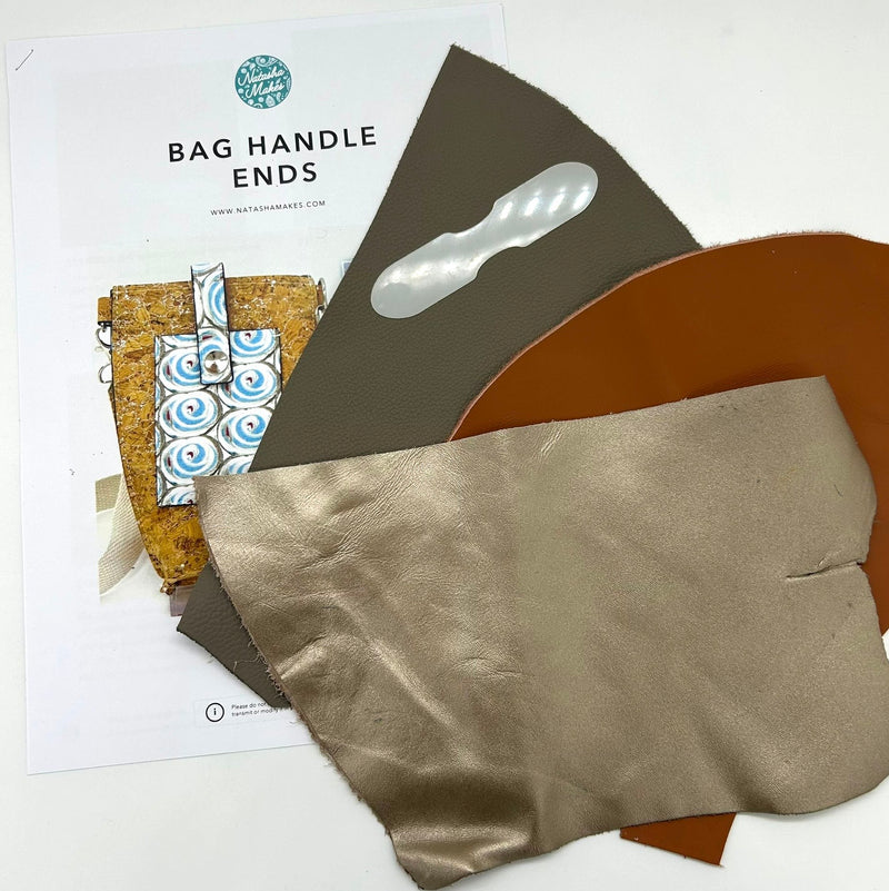 SPECIAL BUY: INSTRUCTIONS + PRECUT MYLAR TEMPLATE 'Bag Handle Ends' + Large Pieces REAL LEATHER Scrap