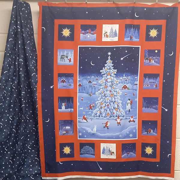 KIT: Lewis & Irene | Tomten's Forest Friends CE35 'Quilt Panel' + 1m Space Glow 'Glow Stars' on Midnight Blue A737.2 + LQ Plain Scarlet