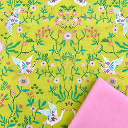 Half Metre Heaven: Bethan Janine for Dashwood Studio | Blossom Days 'Cranes' Lime with Gold Metallic BLOS2343 with Pink