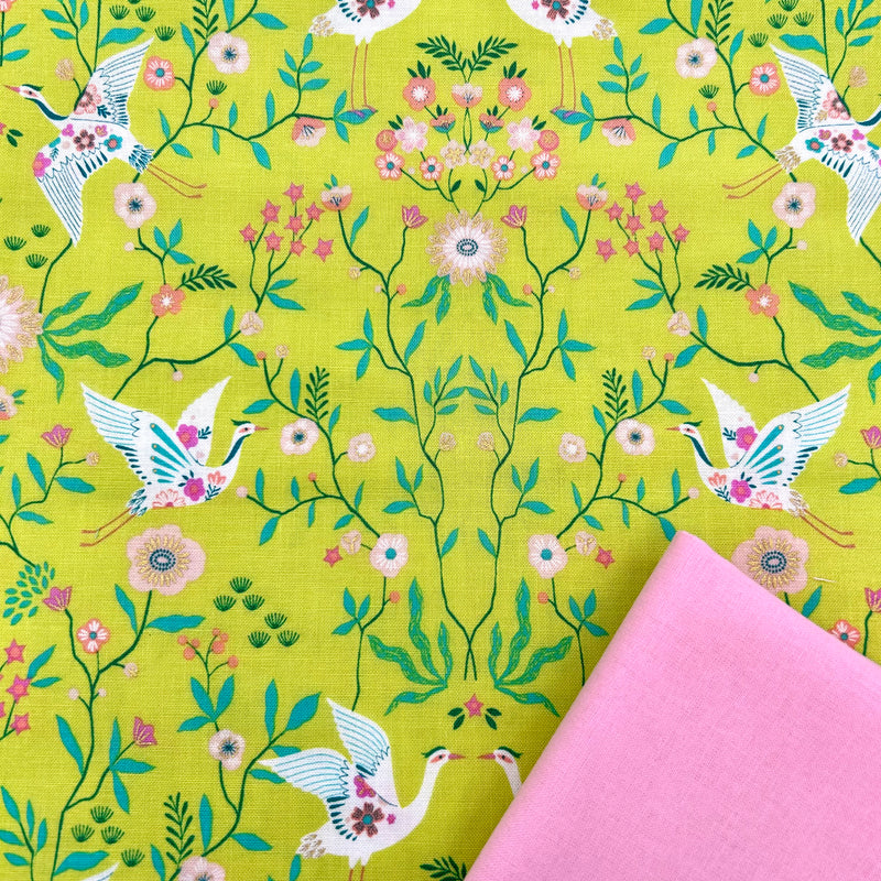 Half Metre Heaven: Bethan Janine for Dashwood Studio | Blossom Days 'Cranes' Lime with Gold Metallic BLOS2343 with Pink