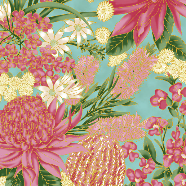 Leesa Chandler | Under The Australian Sun 'Floral' Teal Pink 0013 14: by the 1/2m