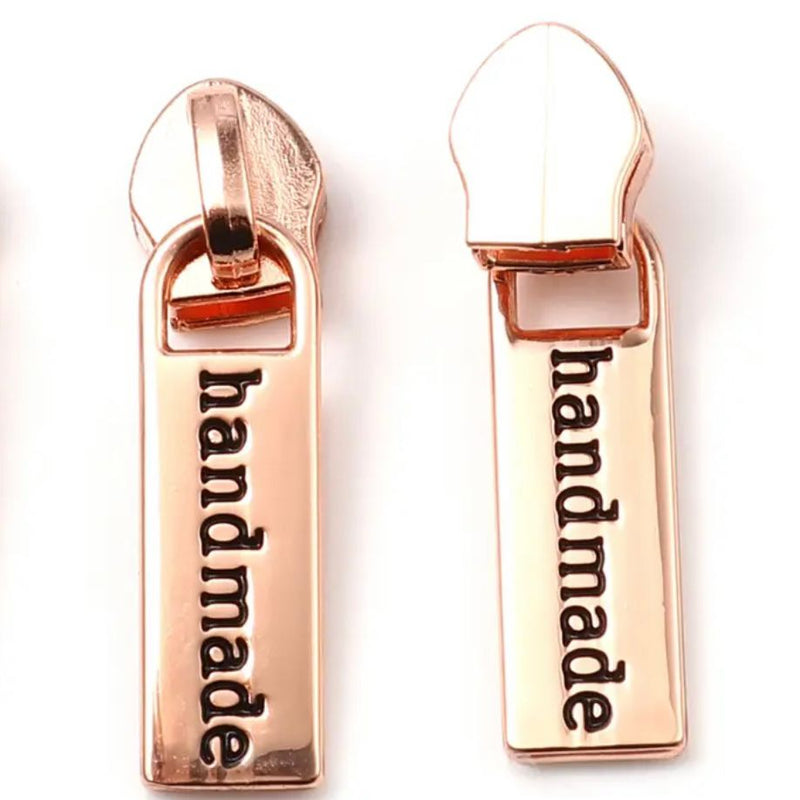 Metal Zip Slider with Zipper Pull x 1: "HANDMADE": Rose Gold colour