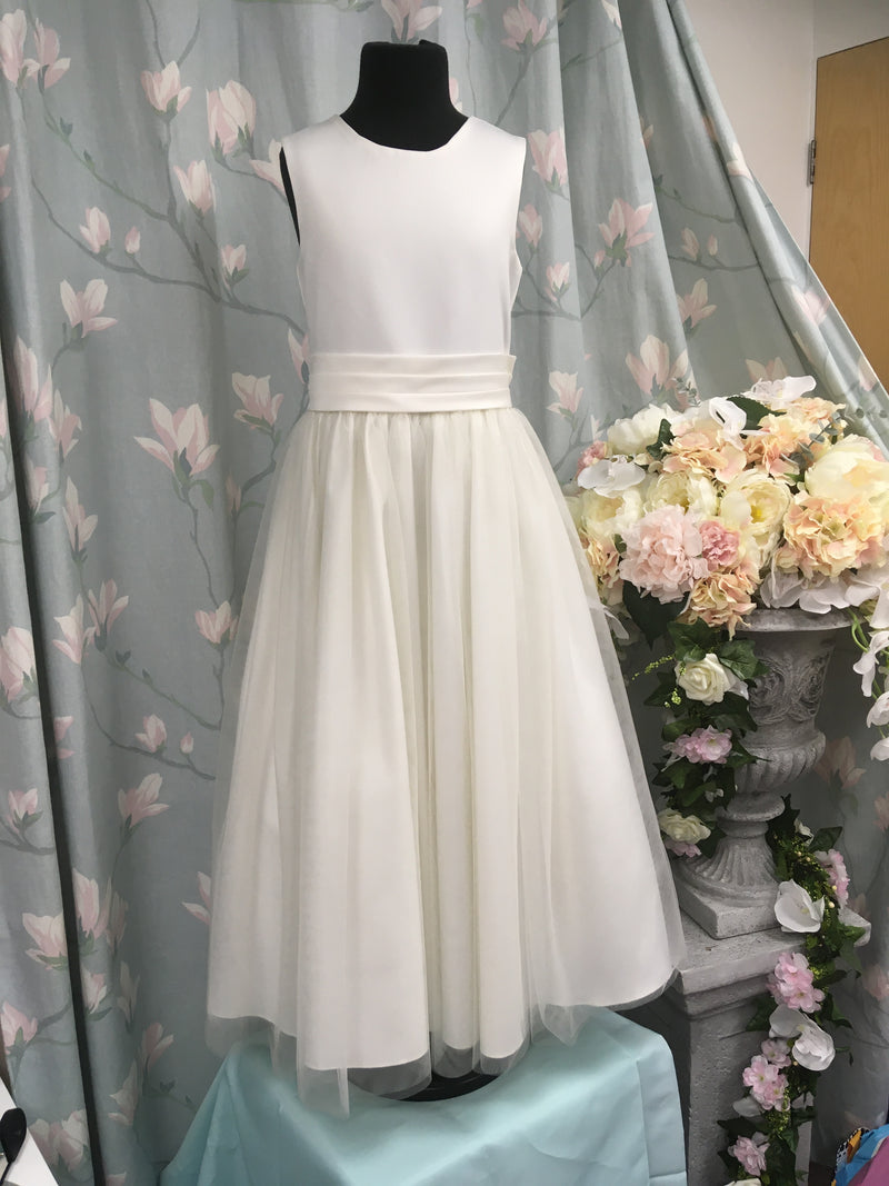 Magnolia Bridal: Ready Made Flower Girl Dress: Plain Ivory with Pleated Sash, Size 9-10
