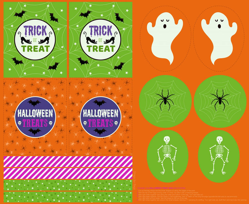 Lewis & Irene | Haunted House: 1 YARD PANEL 'Glow in the Dark Treat Bags and Cut Outs' on Orange A598.1