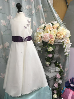 Magnolia Bridal: Ready Made Flower Girl Dress: Purple Trim with Butterflies, Size 5-6