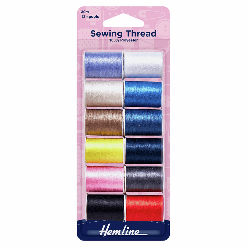 Hemline Sewing Thread: 12 Spools: 30m: Assorted Colours