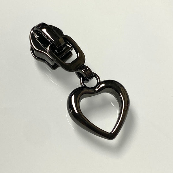Metal Zip Slider with HOLLOW HEART Zipper Pull x 1: Gunmetal