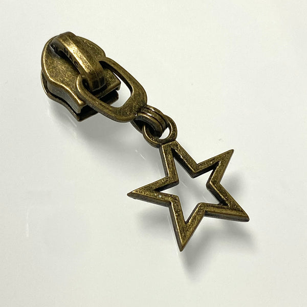 HARDWARE: Metal Zip Slider with HOLLOW STAR Zipper Pull x 1: SIZE 5: Antique colour
