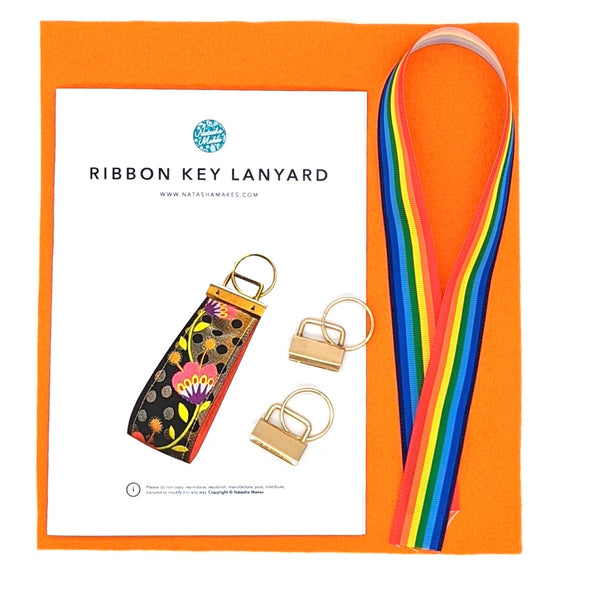 KIT with Instructions: Ribbon Key Fob Lanyard: 1/2m 'Rainbow' Ribbon with 9" Square Felt and 2x GOLD Key Fob Hardware