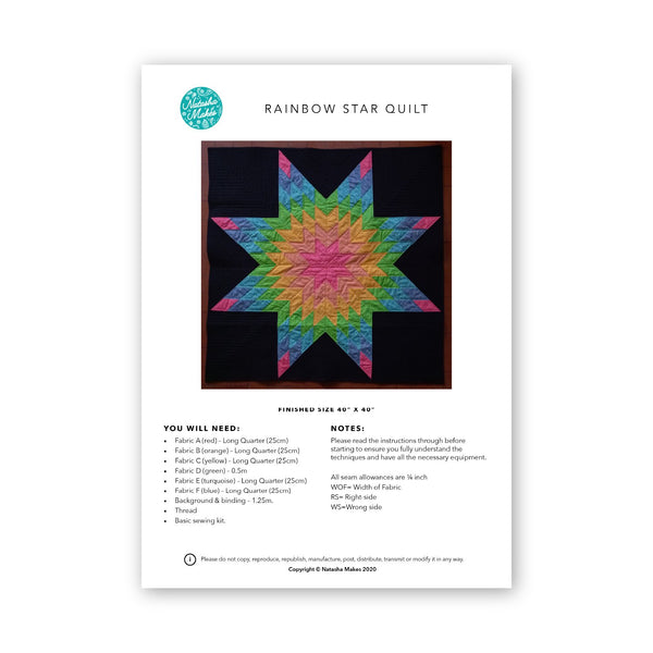 INSTRUCTIONS: Rainbow Star Quilt Pattern, PLUS Cushion/Bag: PRINTED VERSION