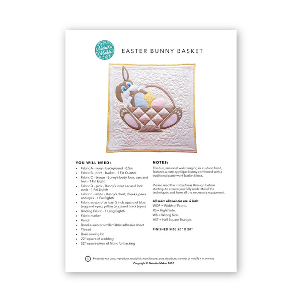 INSTRUCTIONS + A3 TEMPLATE: Easter Bunny Basket Appliqué - PRINTED VERSION