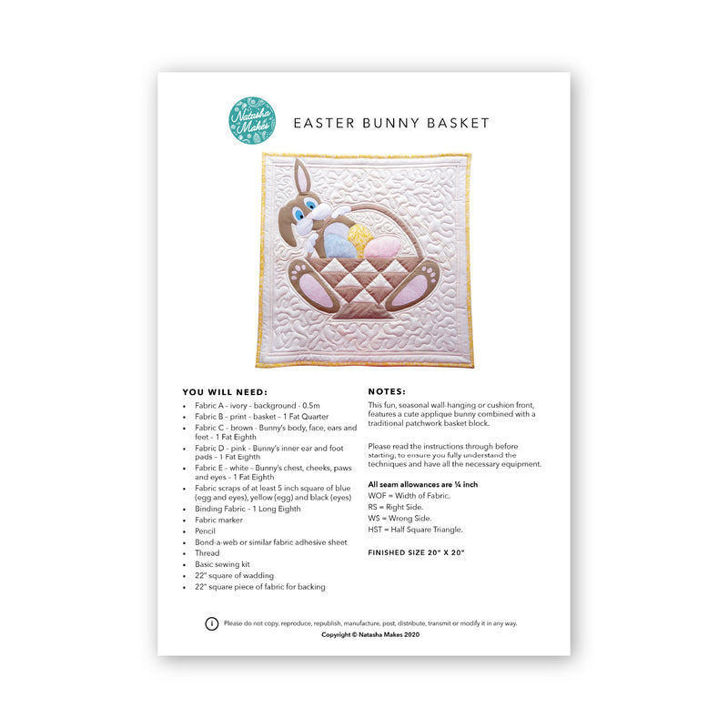 INSTRUCTIONS + A3 TEMPLATE: Easter Bunny Basket Appliqué - PRINTED VERSION