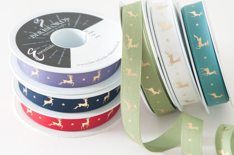 RIBBON: Berisfords 'Reindeer Flight': 15mm x 5m: Colour 2 - Khaki/Gold