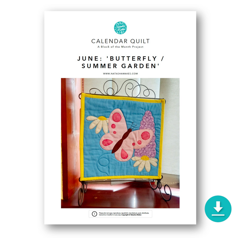 INSTRUCTIONS with Template: Calendar Quilt | BLOCK 6 June 'Butterfly / Summer Garden': DIGITAL DOWNLOAD
