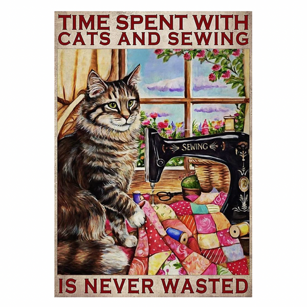 DECOR: 'Time Spent with Cats and Sewing' Sign Wall Art (Approx 30cm x 20cm / 12" x 8")